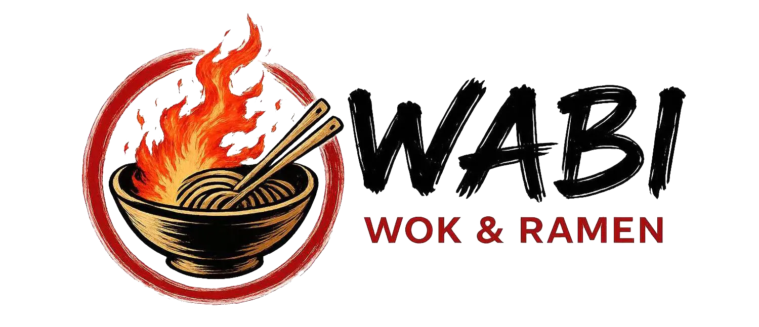Wabi Wok and Ramen logo with flaming noodle bowl at Wabi Wok & Ramen, an Asian Restaurant in Milford
