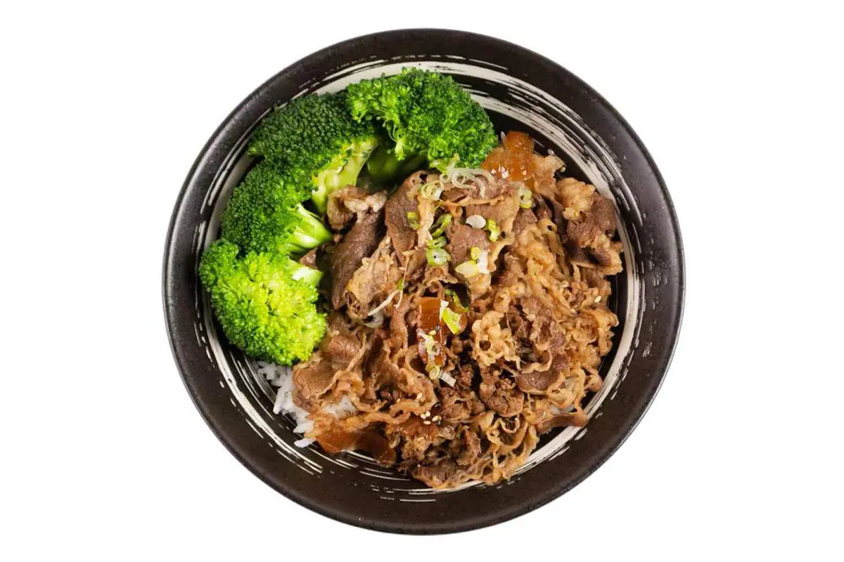Beef rice bowl with broccoli and scallions at Wabi Wok & Ramen, an Asian Restaurant in Milford