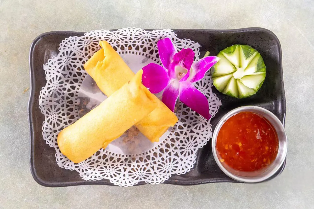 Vegetable spring rolls with sweet chili sauce at Wabi Wok & Ramen, an Asian Restaurant in Milford
